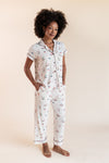 Model wearing Women's Short Sleeve Cropped Pajama Set in Vanilla Mahjong print with pockets on a beige background
::: Model is 5'9"" wearing size S ///
---PJ 4