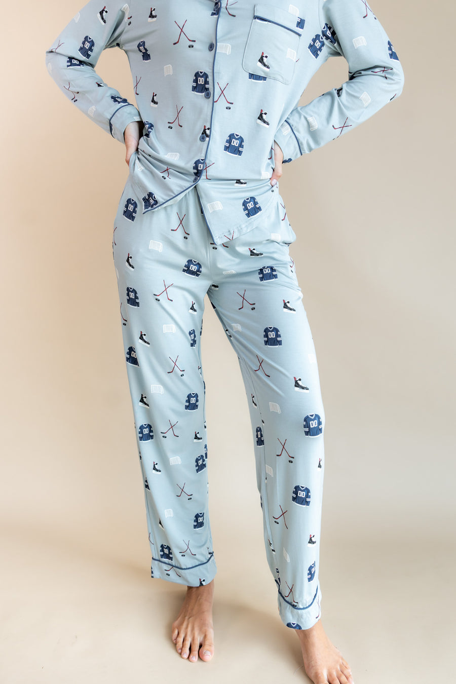 Modal showcasing the front of Long-Sleeved Women's Pajama Set in Vintage Hockey print on a beige background