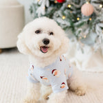 Small white dog sitting on a cream carpet wearing the Dog Tee in Vintage Santa