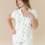 Woman modeling Women’s Short Sleeve Pajama Set in Wildflower looking off to side
