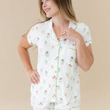 Woman modeling Women’s Short Sleeve Pajama Set in Wildflower looking off to side