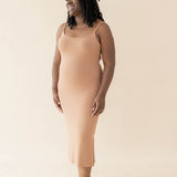 Female wearing the Women's Ribbed Cami Dress in Latte