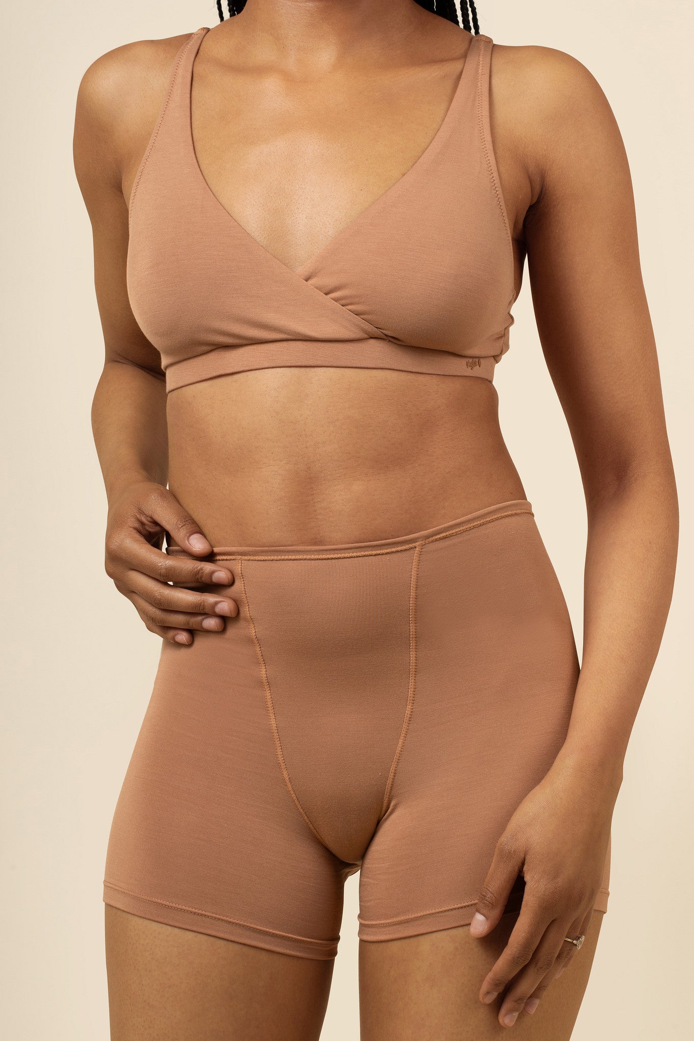 Model wearing the Women's Boxer and Cross Front Bralette in Latte 

 