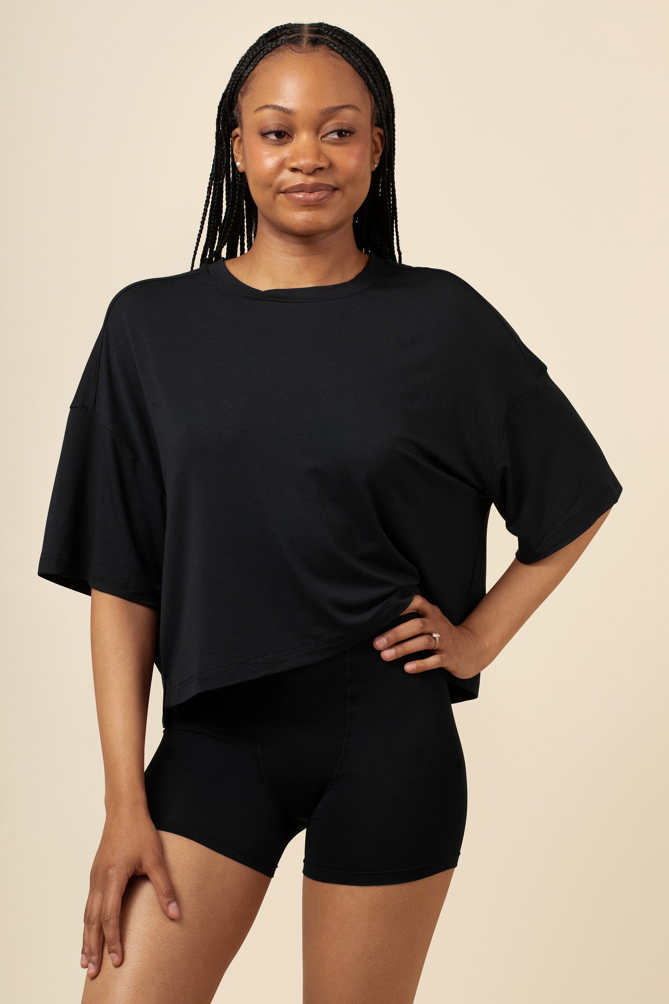 Model posing in Black Women's Boxer paired with matching Tee in Midnight 
