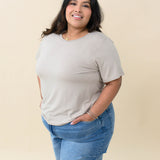 Female modeling the Women's Crew Neck Tee in Almond