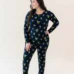 Model wearing the Women's Jogger Pajama Set in Midnight Lily