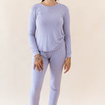 Model wearing Kyte Baby's Women's Jogger Pajama Set in Taro
