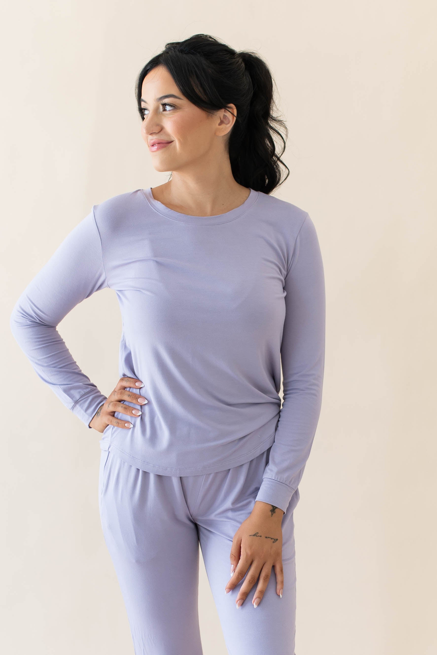 Model wearing the Women's Jogger Pajama Set in Taro