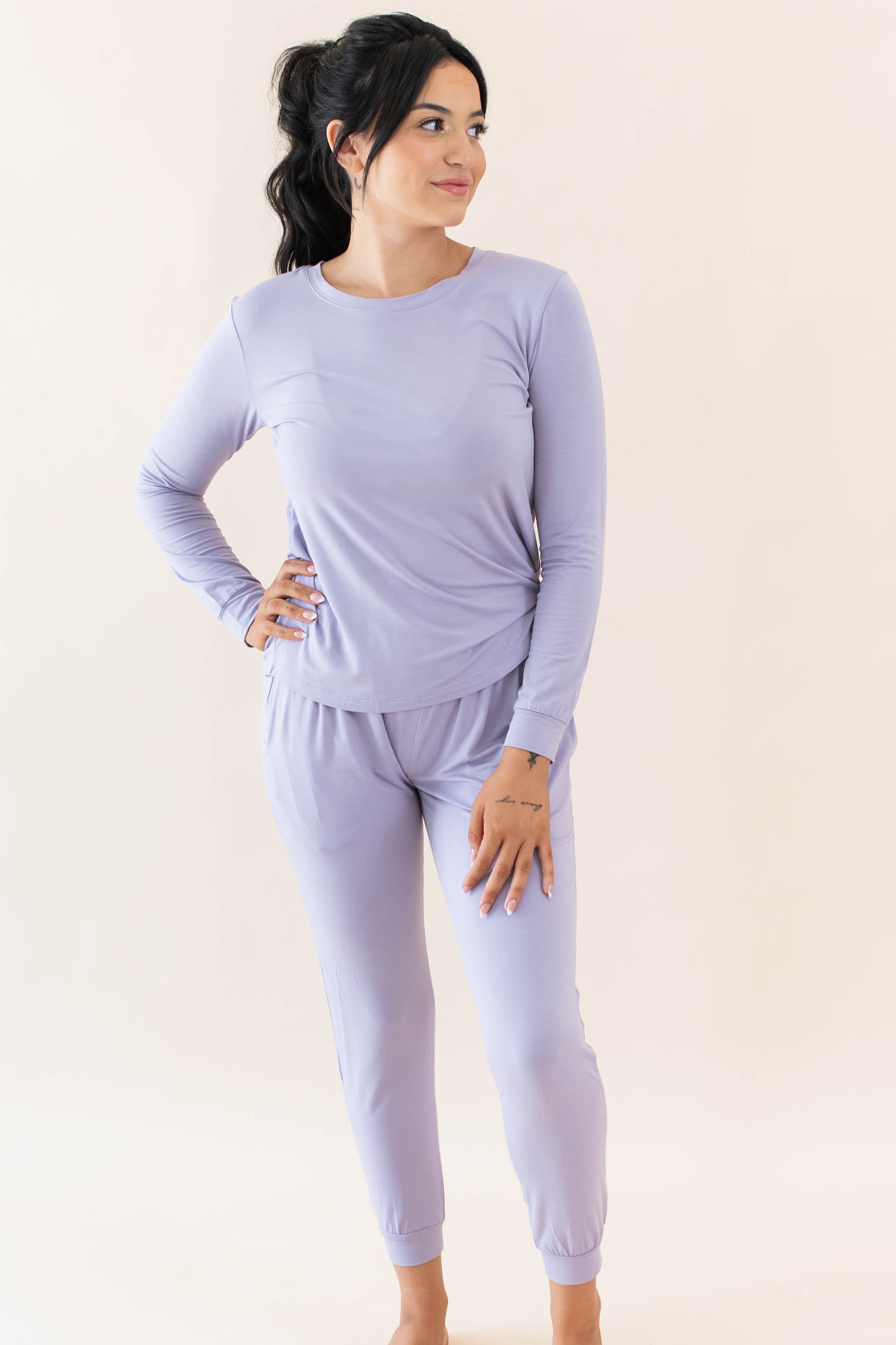 Full length photo of model wearing the Women's Jogger Pajama Set in Taro