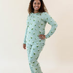 Smiling model wearing the Women's Jogger Pajama Set in Thyme Lily