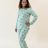 Smiling model wearing the Women's Jogger Pajama Set in Thyme Lily