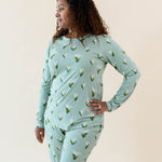 Model wearing Kyte Baby's Women's Jogger Pajama Set in Thyme Lily