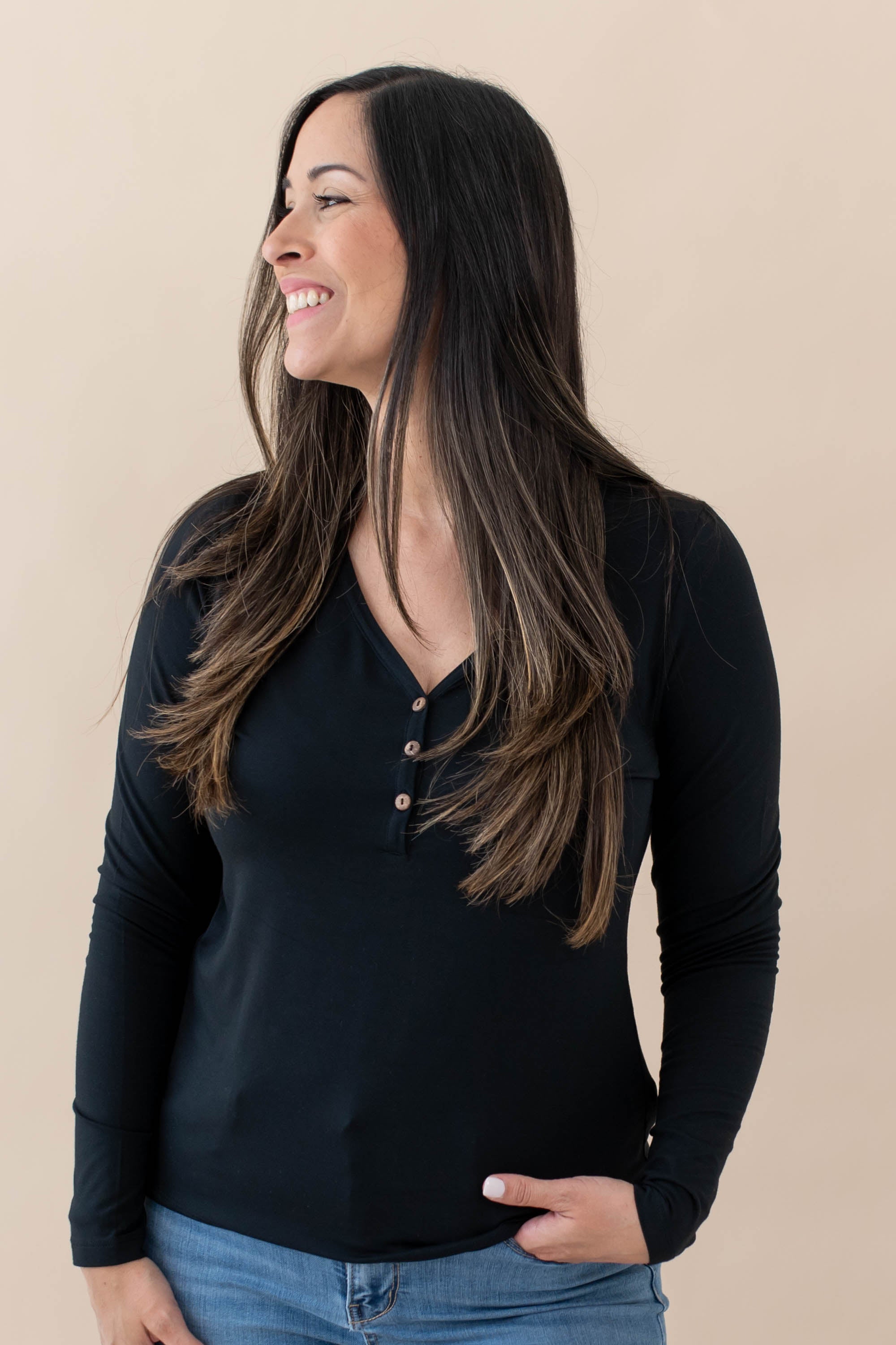 Kyte Baby's Women's Long Sleeve Henley Tee in Midnight