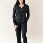 Kyte Baby's Women's Long Sleeve Henley Tee in Midnight Leopard