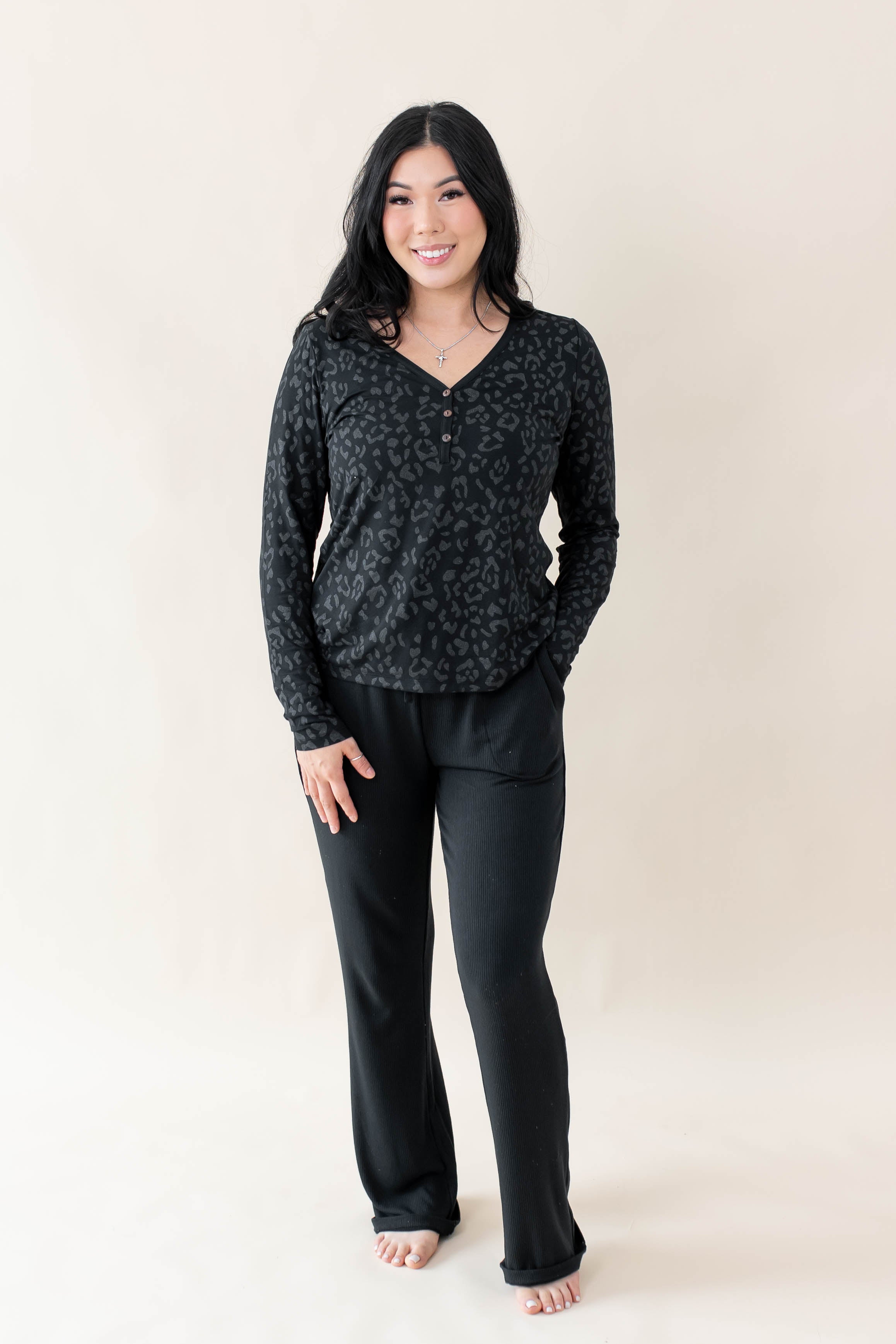 Kyte Baby's Women's Long Sleeve Henley Tee in Midnight Leopard