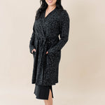 Model wearing the Women's Lounge Robe in Midnight Leopard