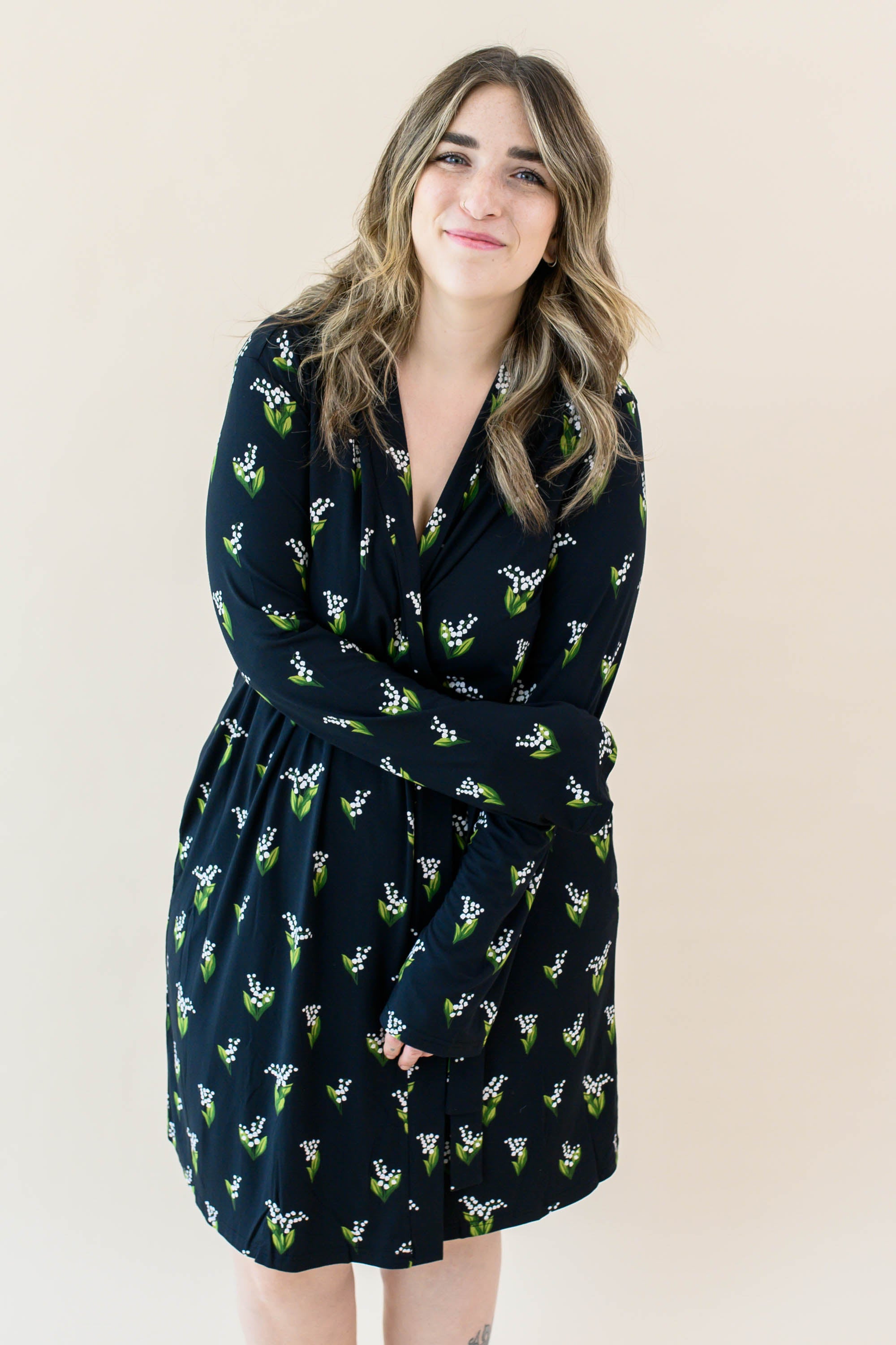 Model wearing the Women's Lounge Robe in Midnight Lily