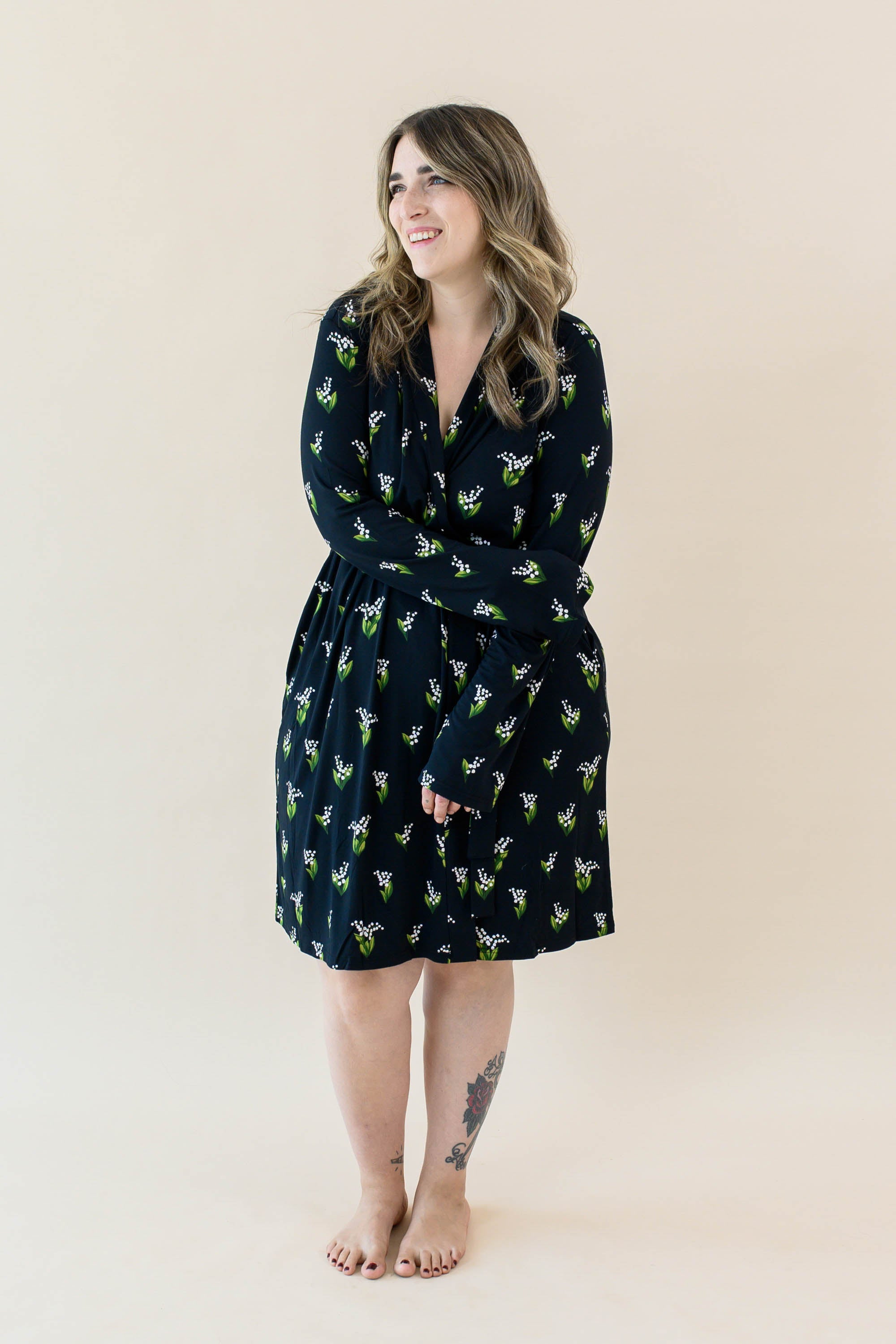 Female modeling the Women's Lounge Robe in Midnight Lily