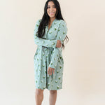 Model wearing the Women's Lounge Robe in Thyme Lily