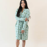 Model wearing the Women's Lounge Robe in Thyme Lily