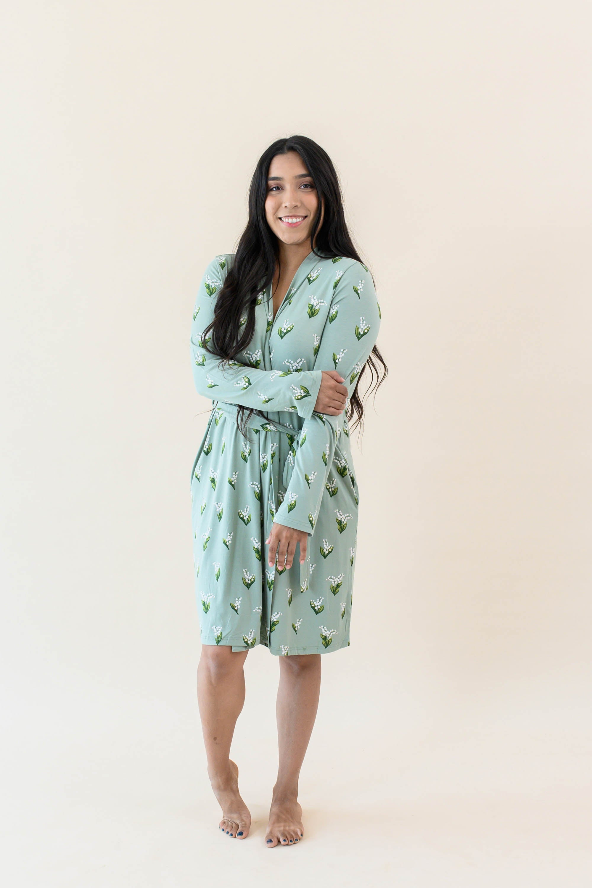 Model wearing the Women's Lounge Robe in Thyme Lily