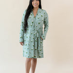 Model wearing the Women's Lounge Robe in Thyme Lily with one hand in pocket