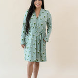 Model wearing the Women's Lounge Robe in Thyme Lily with one hand in pocket