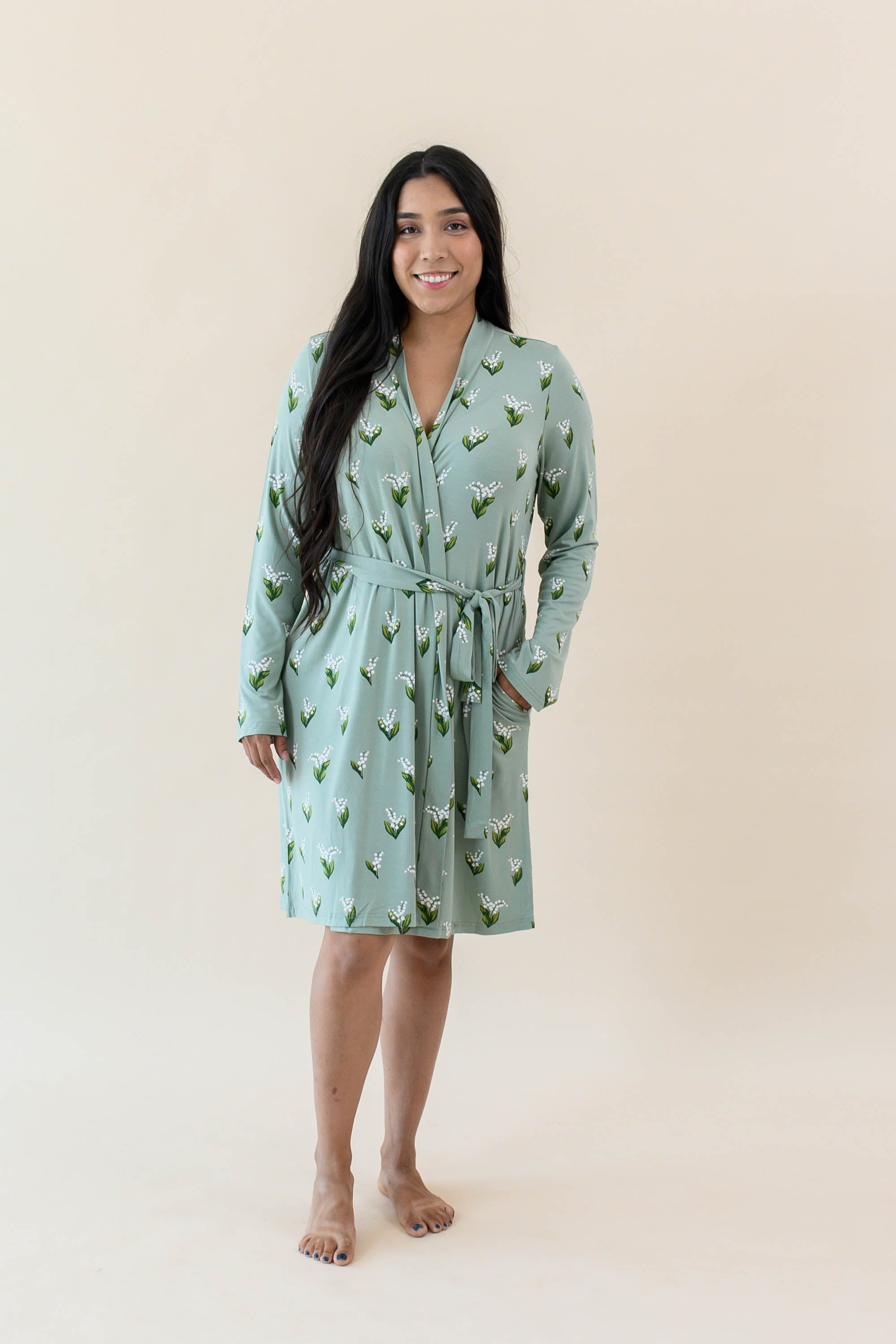 Model wearing the Women's Lounge Robe in Thyme Lily with one hand in pocket