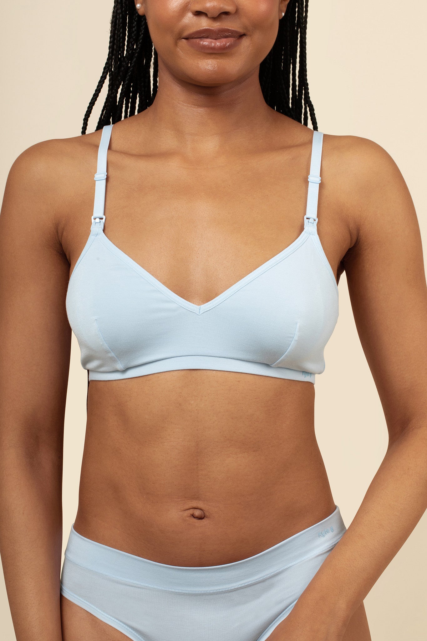 Close up of the Women's Nursing Bra in Breeze on a model paired with matching briefs ::: Model is 32C" wearing size S ///