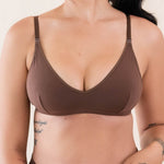 Person wearing a brown bamboo nursing bralette