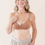 Close up of model wearing Kyte Baby's Women's Nursing Bra in Latte