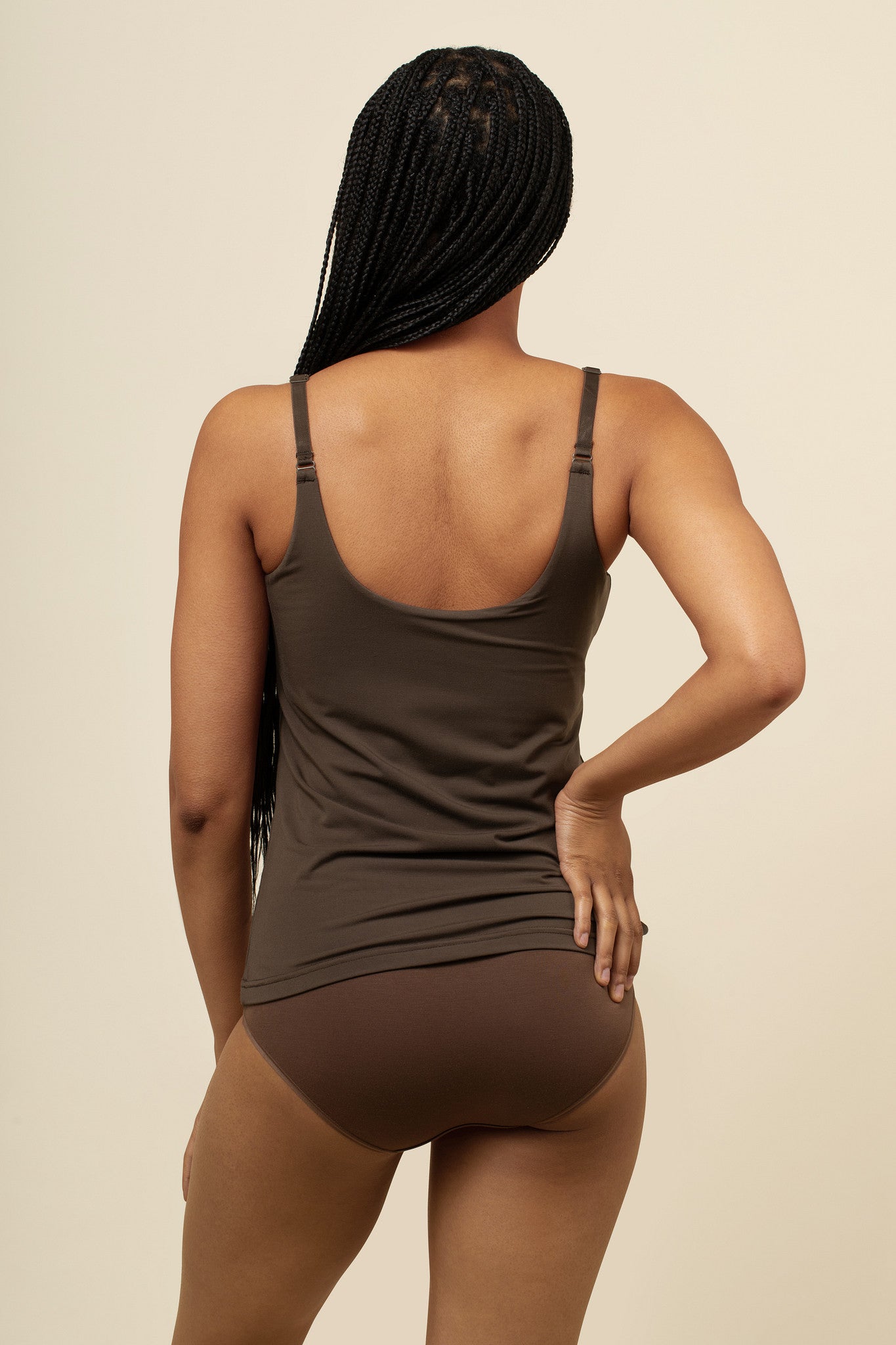 Women show casing back side of the Nursing Tank in Espresso and of the Women's Underwear in Toffee 