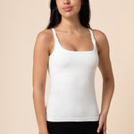 Brunette model wearing Women's Nursing Tank in Snow paired with  black bottoms
::: Model is 5'9" wearing size S ///

