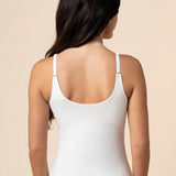 Model show casing the back and straps on the Women's Nursing Tank in Snow