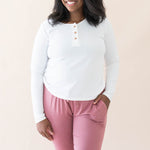 Female modeling the Women's Ribbed Henley Top in Snow