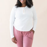 Female modeling the Women's Ribbed Henley Top in Snow