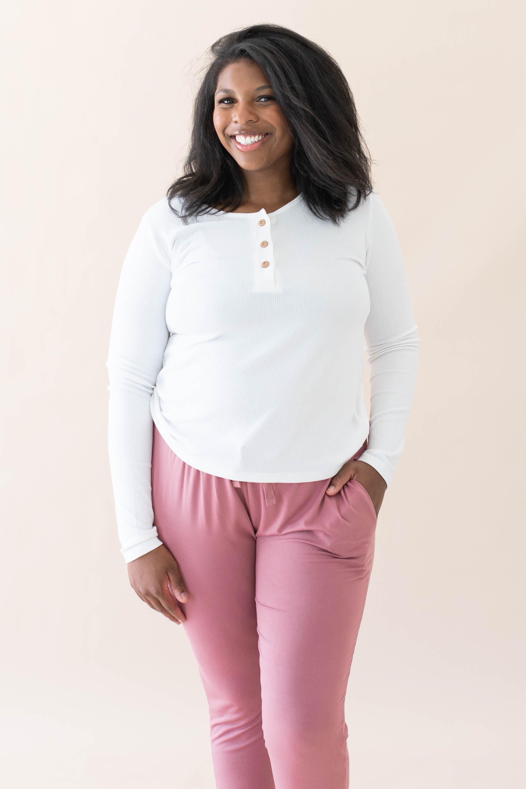 Female modeling the Women's Ribbed Henley Top in Snow