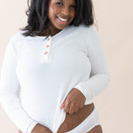 Female modeling the Women's Ribbed Henley Top in Snow 