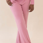 Model wearing the Women's Ribbed High Waisted Wide Leg Pant in Apple Blossom