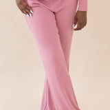 Model wearing the Women's Ribbed High Waisted Wide Leg Pant in Apple Blossom