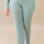 Model wearing the Women's Ribbed High Waisted Wide Leg Pant in Thyme