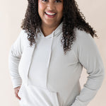 Model wearing the Women's Ribbed Hoodie in Oat