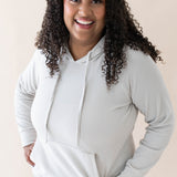Model wearing the Women's Ribbed Hoodie in Oat
