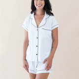 Female model in Women's Short Sleeve Pajama Set in Snow with Midnight Trim