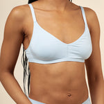 Close up of a model wearing the Women's V-Neck Bra in Breeze and matching briefs  ::: Model is 32C wearing size S ///