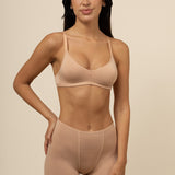 Model wearing the  Women's V-Neck Bra and Boxers in Chai 