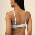 Model show casing the back and straps on the Women's V Neck Bra in Breeze 