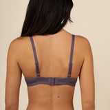 Model showcasing the back side and straps on the  Women's V-Neck Bra in Currant