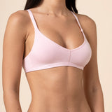Close up of a model wearing the Women's V-Neck Bra in Peony
::: Model is 32C wearing size S ///