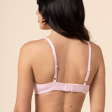 Model show casing the back and straps on the Women's V-Neck Bra in Peony